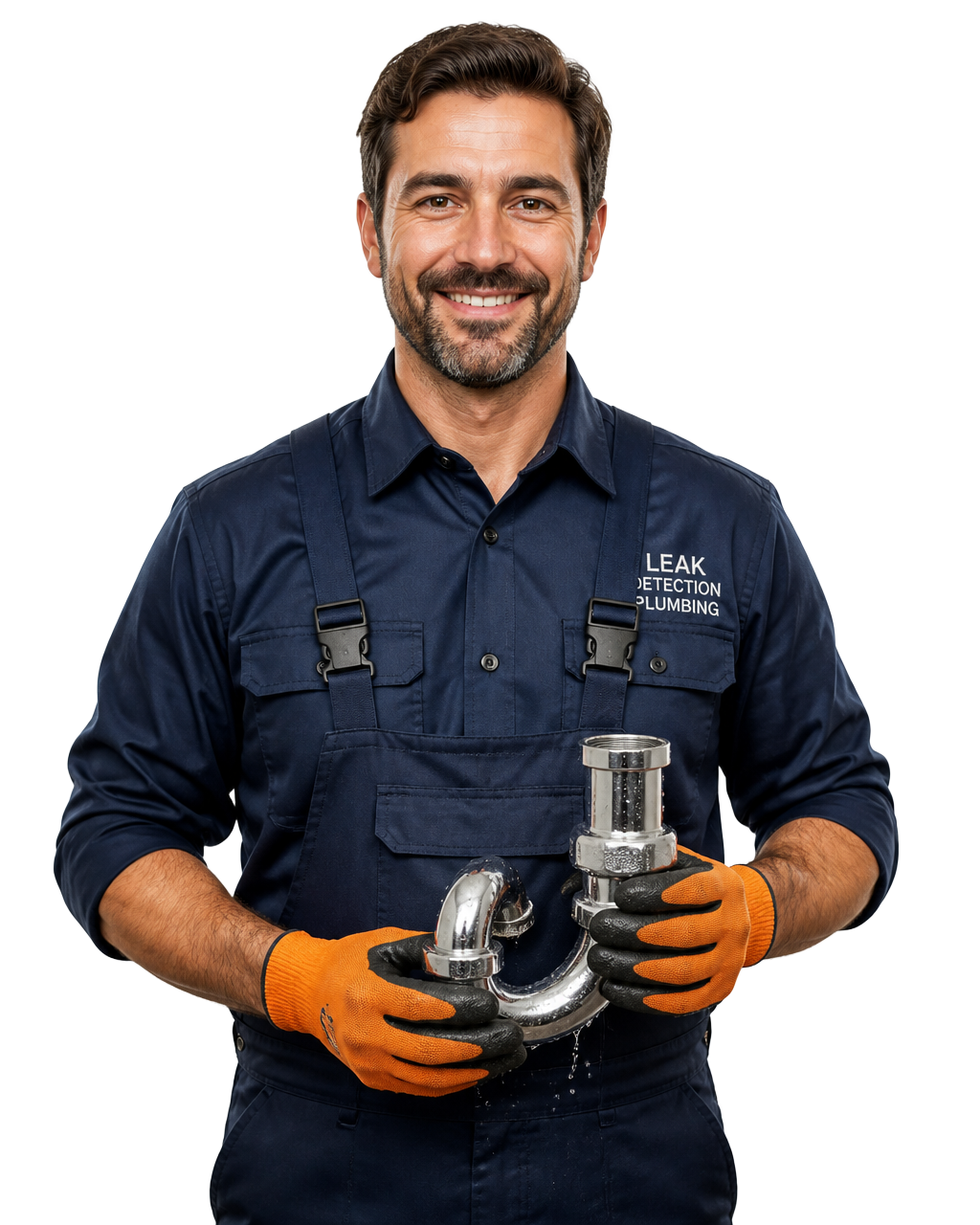 Leak detection technician in Torrance holding a leaking pipe fitting
